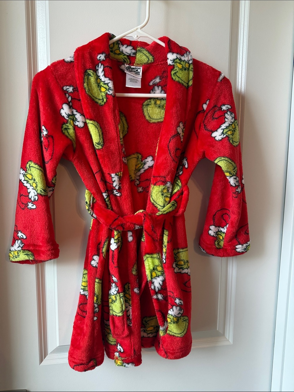 Dr. Seuss Holiday Cozy Grinch Red Plush Kids Robe with Green Grinch Print